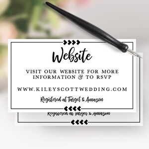 Puede incluir: Una tarjeta blanca con texto negro que dice "Website" y proporciona una dirección de sitio web para obtener más información y para RSVP. El texto también dice "Registered at Target & Amazon".