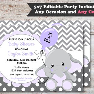 Editable Elephant Baby Shower Party Invitations, Elephant Baby Shower, It's A Girl Shower Invitations, Elephant Invitations, Digital File image 3