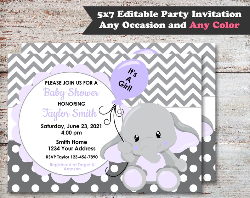 Editable Elephant Baby Shower Party Invitations, Elephant Baby Shower, It's A Girl Shower Invitations, Elephant Invitations, Digital File image 3