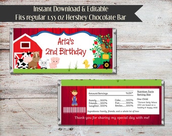 Candy Bar Wrapper verjaardagsfeestje boerderij: bewerkbaar schoolbordontwerp (digitaal bestand)