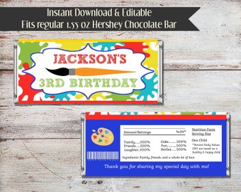 Editable Art Party Candy Bar Wrappers, Painting Party, Candy Bar Wrappers, Craft Party Candy Wrappers, Art Party, Painting, Digital, DIY