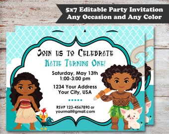 Editable Moana Party Invitations, Princess Party Invitations, Hawaiian Party, Luau Party, Maui, Moana Party, Princess Party, Digital File