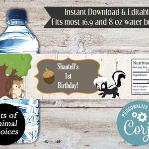 Könnte beinhalten: Ein bedruckbares Wasserflaschenetikett mit einem braunen und weißen gestreiften Hintergrund. Das Etikett zeigt einen Comic-Stinktier, einen Igel und eine Eichel. Der Text auf dem Etikett lautet "Shantell's 1st Birthday!" und enthält einen Nährwertangaben-Abschnitt mit lustigen Fakten wie "Fun & Laughter 100%". Das Etikett ist für Wasserflaschen mit 16,9 und 8 oz ausgelegt.