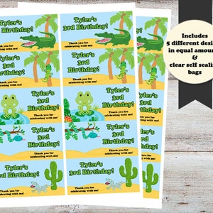 May include: A set of 5 different favor bag designs for a 3rd birthday party. The designs feature a blue background with a variety of jungle animals, including a frog, snake, alligator, and lizard. The text on the bags reads "Tyler's 3rd Birthday!" and "Thank you for celebrating with me!"