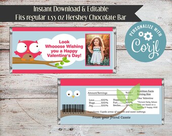 Editable Owl Valentine Candy Bar Wrapper, Valentine Owls Candy Bar Wrapper, Owl Valentine Favors, Owl Party Favors, Owls, Digital File, DIY