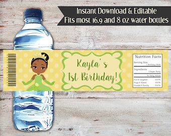 Etiqueta editable para botella de agua de cumpleaños de la Princesa Tiana (digital)