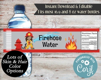 Editable Fireman Water Bottle Wrappers, Fire Fighter Water Bottle Wrappers, Fireman Birthday Party Favors, Firehose Water, Boy or Girl