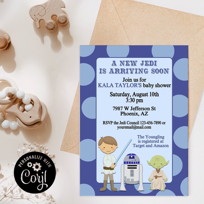 May include: A blue and white baby shower invitation with a polka dot pattern. The invitation features a cartoon image of a Jedi character, R2-D2, and Yoda. The text reads "A New Jedi Is Arriving Soon" and includes the baby's name, date, time, and location. The invitation also includes the text "The Youngling is registered at Target and Amazon".