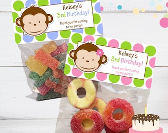 Monkey Birthday Personalized Party Favor Treat Bags with Stickers, Boy and Girl Options
