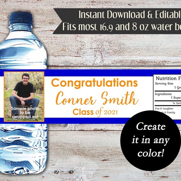 Editable Graduation Water Bottle Wrappers, Photo Water Bottle Wrapper, Graduation Water Wrapper, Graduation Party Favor, Digital File