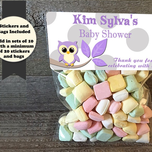 Owl Baby Shower Treat Bags, Owl Baby Shower, Owl Stickers and Bags, Owl Treat Bags Stickers, Baby Girl Treat Bags, Baby Treat Bags, Purple