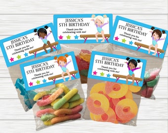 Gymnastics Treat Bags, Gymnastics Birthday Stickers and Bags, Gymnastics Party Favors, Gymnastics Party Favors, Gymnastics Stickers