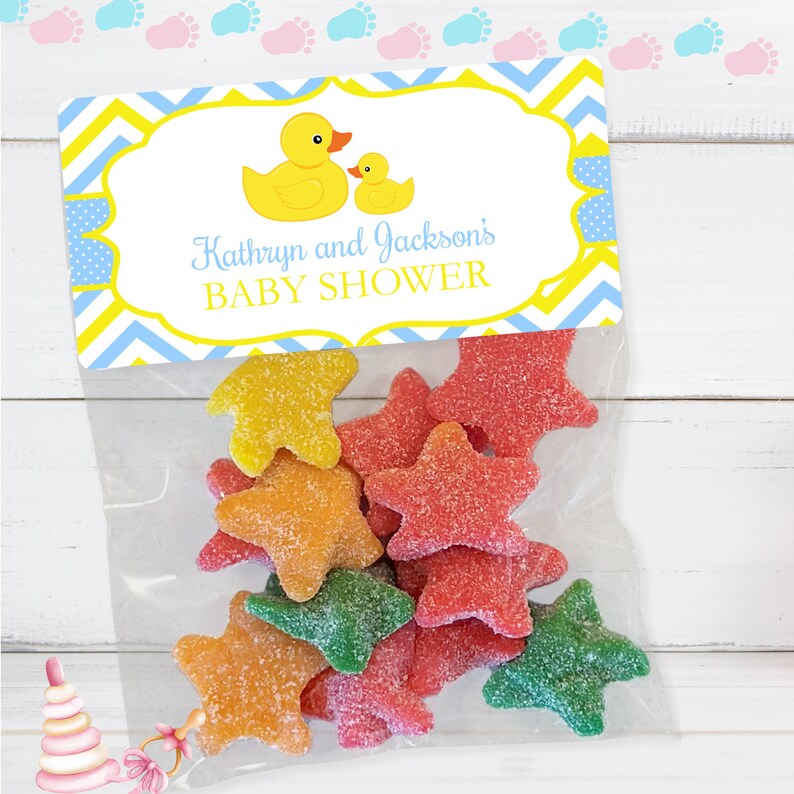 Rubber Duck Baby Shower Treat Bags, Duck Baby Shower Stickers & Bags, Rubber Duck Shower, Baby Shower Treat Bags Stickers, Yellow and Grey Blue