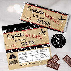 May include: A printable chocolate bar wrapper with a pirate theme. The wrapper is brown with black and red accents. It says "Captain Michael is turning seven" and has a pirate ship, sword, and treasure chest on it. The wrapper also has a nutrition facts label and a thank you message.