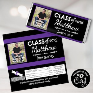 May include: A black and purple graduation chocolate bar wrapper with a photo placeholder, the text "CLASS of 2025 Matthew June 5, 2025", and a nutrition facts label. The wrapper is personalized with the text "PERSONALIZE WITH Coryl".