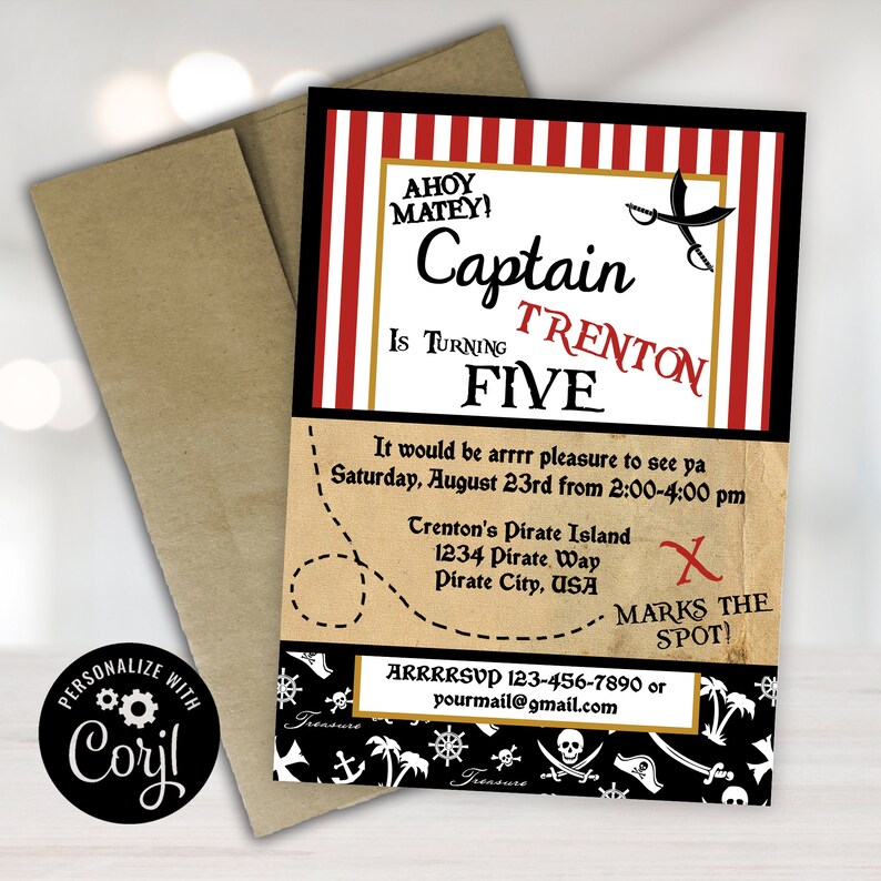 May include: Ahoy Matey!  A red and black pirate-themed birthday invitation for a boy turning five. The invitation features a treasure map design with a pirate ship, skull and crossbones, and the text "Captain Trenton is turning five".