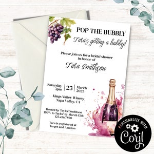 Pop the Bubbly-uitnodiging voor vrijgezellenfeest: wijn en champagne (bewerkbaar afdrukbaar)