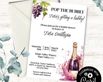 Pop the Bubbly-uitnodiging voor vrijgezellenfeest: wijn en champagne (bewerkbaar afdrukbaar)