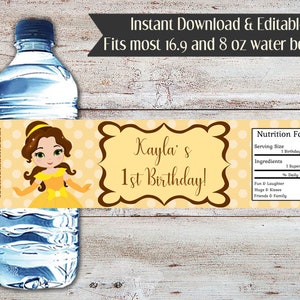 Editable Belle Wrapper, Beauty and the Beast Water Bottle Wrapper, Princess Water Wrapper, Princess Birthday, Belle Water Bottle Wrapper
