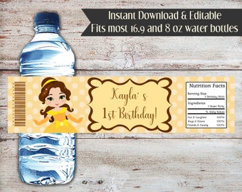 Editable Belle Wrapper, Beauty and the Beast Water Bottle Wrapper, Princess Water Wrapper, Princess Birthday, Belle Water Bottle Wrapper