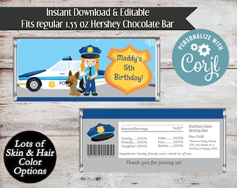 Editable Police Candy Wrapper, Sherif Candy Bar Wrapper, Police Party Favors, Law Enforcement, Girl, Boy, Instant Download, Policeman