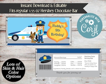 Carta per caramelle di compleanno della polizia modificabile: bomboniere (download immediato)