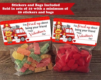 Fireman Valentines Party Favor Bags, Fire Truck Valentine, Firetruck Valentine, Valentines stickers and bags, Fireman, Firetruck Valentines