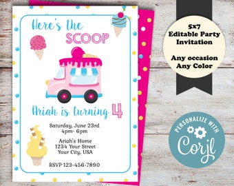 Editable Ice Cream Birthday Party Invitations, Ice Cream Party, Popsicle Party, Birthday Party Invitations, Boy Birthday, Girl Birthday, DIY