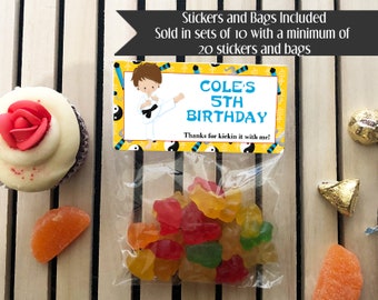 Karate Birthday Party Favors: Personalized Stickers & Bags