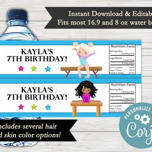 May include: Two blue and white printable water bottle labels with the text "Kayla's 7th Birthday!" and a cartoon gymnast on a balance beam. The labels are designed to fit 16.9 and 8 oz water bottles.