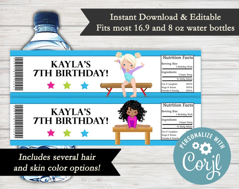 May include: Two blue and white printable water bottle labels with the text "Kayla's 7th Birthday!" and a cartoon gymnast on a balance beam. The labels are designed to fit 16.9 and 8 oz water bottles.
