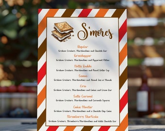 Enseigne de menu S'more Bar : décor modifiable de la station Smores (fichier numérique)