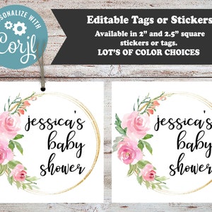 K&ouml;nnte beinhalten: Zwei druckbare Etiketten oder Aufkleber mit einem Aquarell-Blumenkranz und einem goldenen Kreis. Der Text auf den Etiketten lautet "baby shower von jessica". Die Etiketten sind in quadratischen Gr&ouml;&szlig;en von 2 Zoll und 2,5 Zoll erh&auml;ltlich.