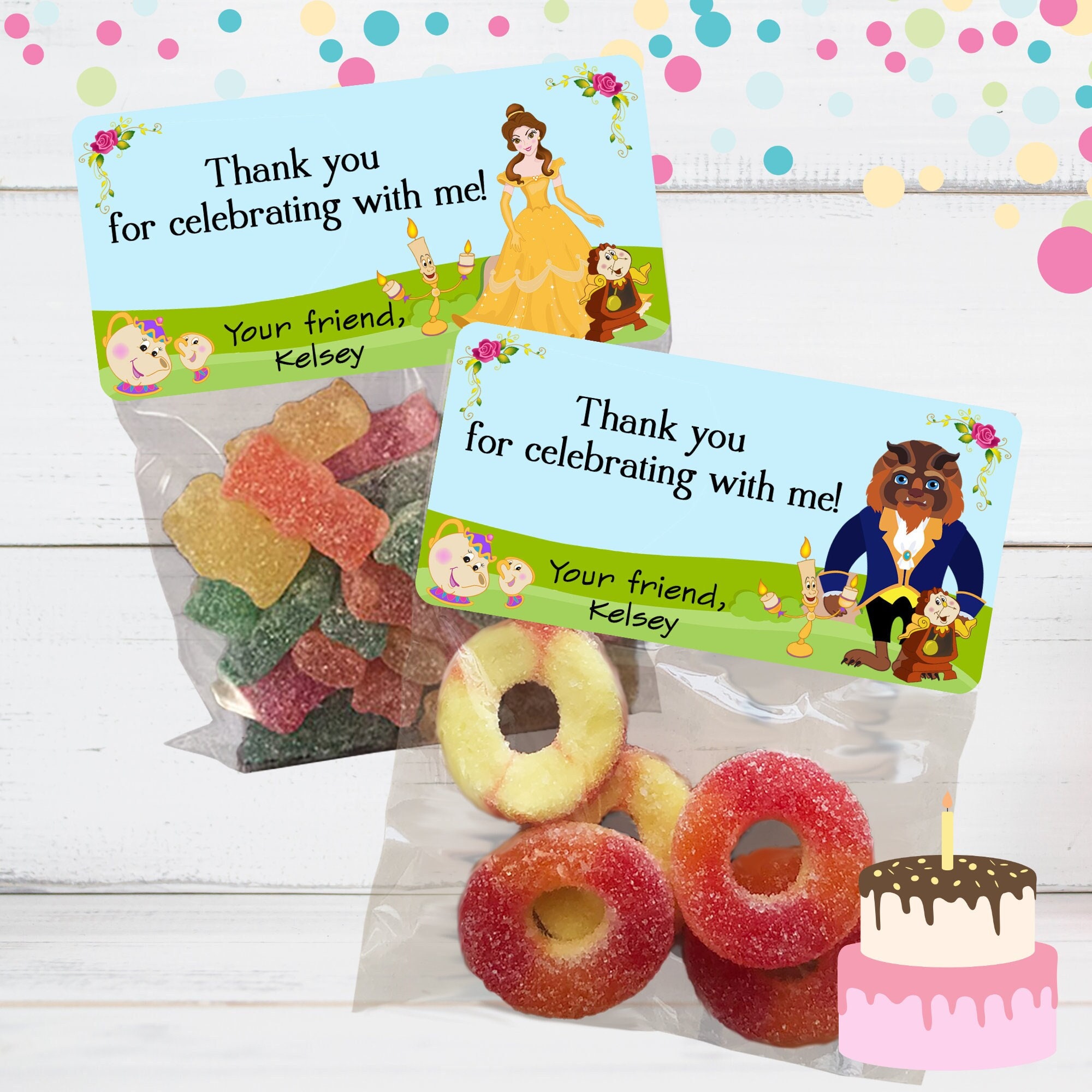 Beauty and the Beast Party Favor Bags, Beauty and the Beast Treat Bags, Princess Belle Treat Bags, Princess Belle Stickers, Belle Stickers