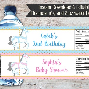 Editable Carousel Water Bottle Label: Baby Shower, Birthday (Digital Download)
