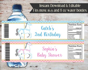Bearbeitbares Karussell-Wasserflaschenetikett: Babyparty, Geburtstag (Digitaler Download)