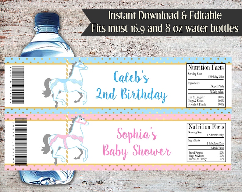 Puede incluir: Dos etiquetas de botella de agua imprimibles con un dise&ntilde;o de caballo de carrusel. La etiqueta superior es azul y dice "Caleb's 2nd Birthday". La etiqueta inferior es rosa y dice "Sophia's Baby Shower".