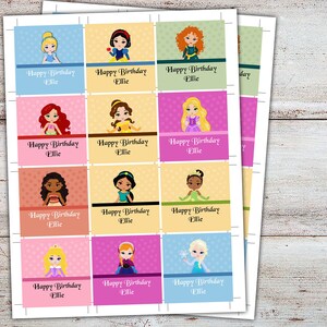 May include: A sheet of printable labels featuring various Disney princesses. Each label has a different princess illustration and the text "Happy Birthday Ellie".