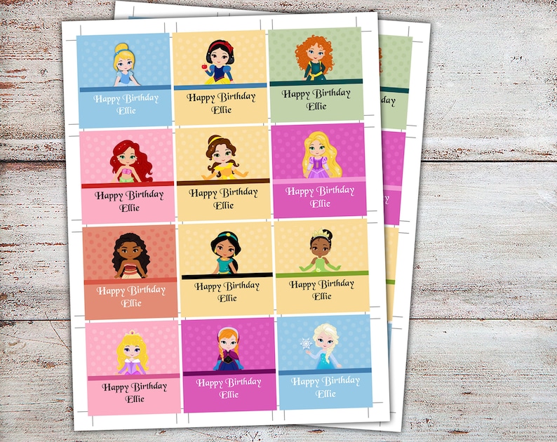 May include: A sheet of printable labels featuring various Disney princesses. Each label has a different princess illustration and the text "Happy Birthday Ellie".