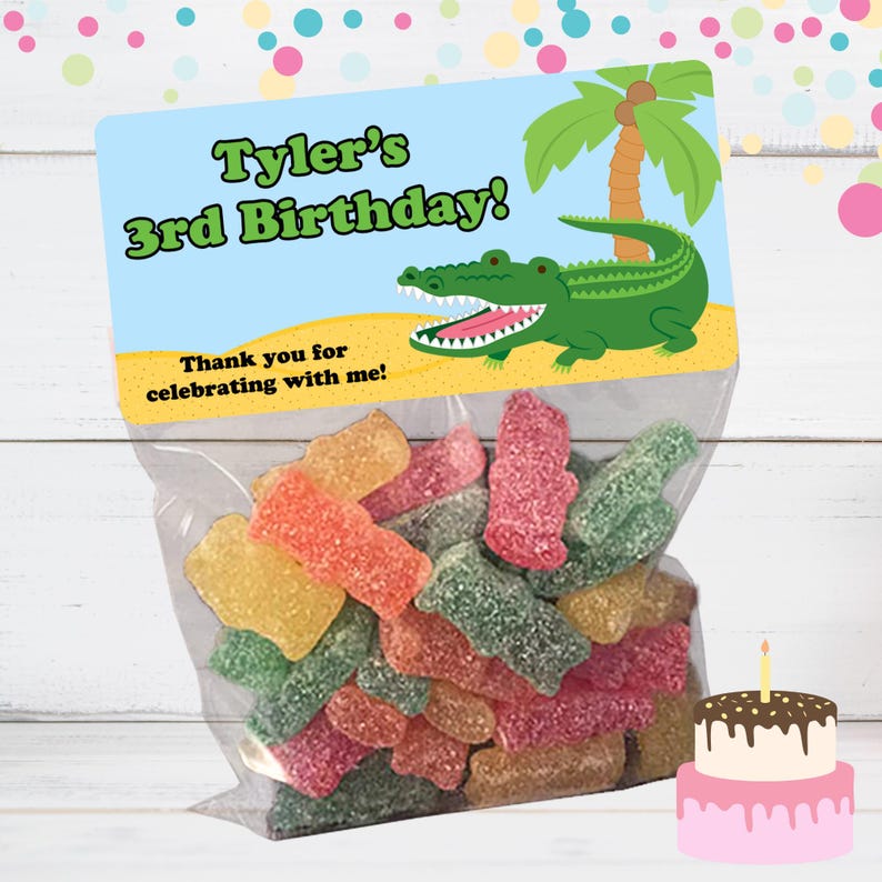 May include: A green alligator with an open mouth on a blue and yellow background with the text "Tyler's 3rd Birthday!" and "Thank you for celebrating with me!"  A clear plastic bag filled with colorful gummy candies.