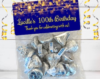 Personalized Milestone Birthday Favor Bags: Gold & Blue Stickers