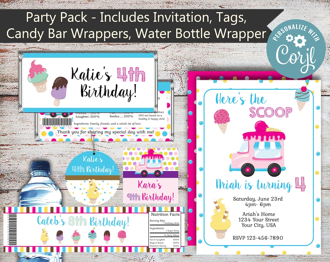 Editable Ice Cream Party Package, Ice Cream Water Wrappers, Ice Cream ...