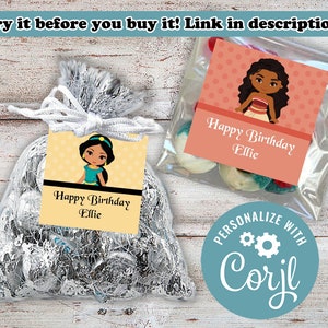 May include: Two favor bags with personalized labels featuring Disney princesses. The labels are yellow and orange with a black border and the text "Happy Birthday Ellie". The bags are filled with small candies. A blue circle with white text reads "PERSONALIZE WITH Corjl".