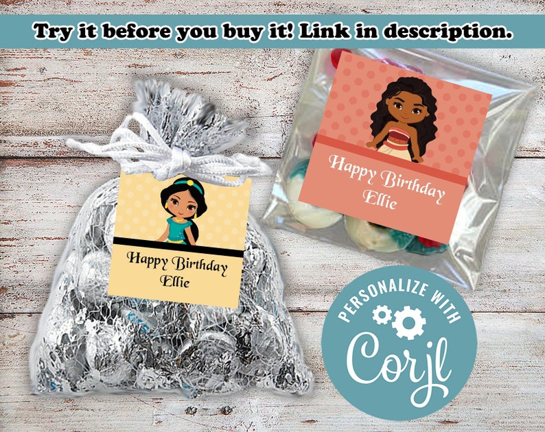 May include: Two favor bags with personalized labels featuring Disney princesses. The labels are yellow and orange with a black border and the text "Happy Birthday Ellie". The bags are filled with small candies. A blue circle with white text reads "PERSONALIZE WITH Corjl".