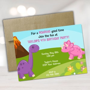 Girl Dinosaur Birthday Party Invitations: Editable Purple Dino (Digital File)