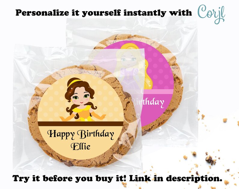 May include: A brown sugar cookie with a round sticker featuring a cartoon image of Belle from Disney's Beauty and the Beast. The sticker has a yellow background with a brown border and the text "Happy Birthday Ellie".