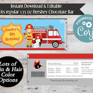 Editable Fireman Candy Wrapper, Fire Truck Candy Bar Wrapper, Fireman Party Favors, Fire Fighter, Girl, Boy, Instant Download, Firetruck