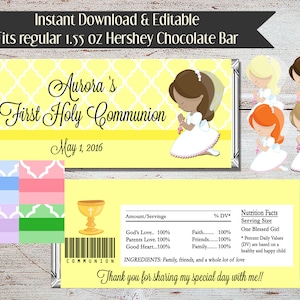 May include: Yellow and white printable chocolate bar wrapper with a girl in a white dress and veil praying. The wrapper says "Aurora's First Holy Communion May 1, 2016".
