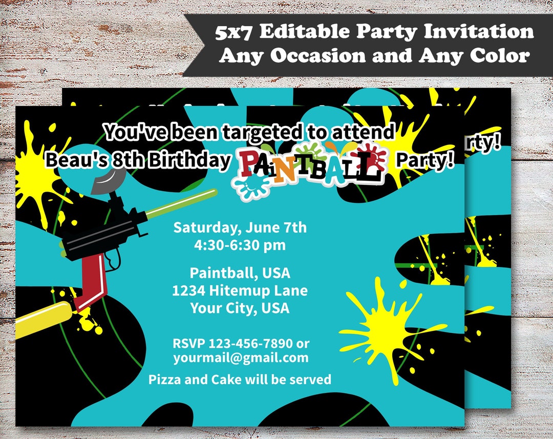 Editable Paintball Birthday Party Invitations, Paintballing Party