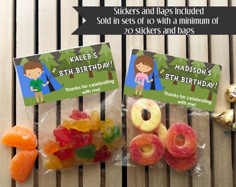 Camping Birthday Party Favors: Personalized Sticker & Bag Sets